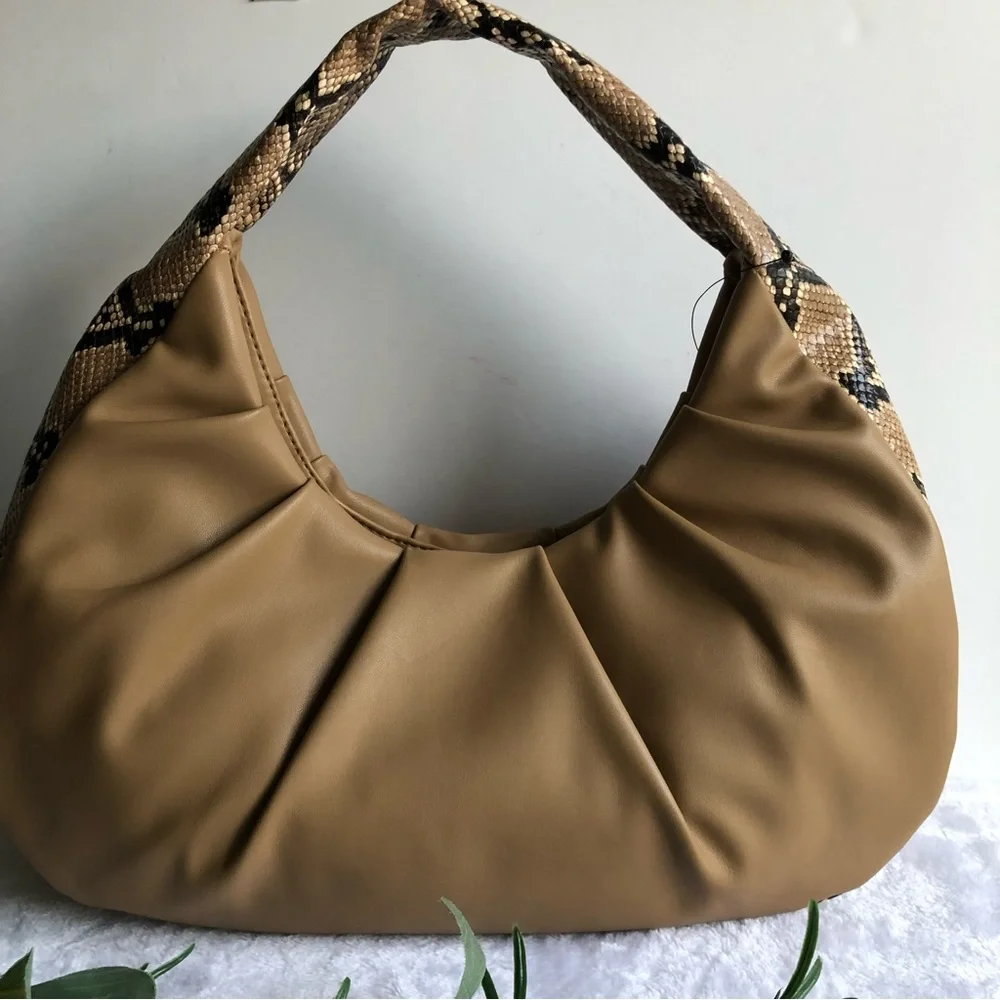 INC International Concepts KJ Wedge Hobo Shoulder Bag, Snake Trim Camel, NWT